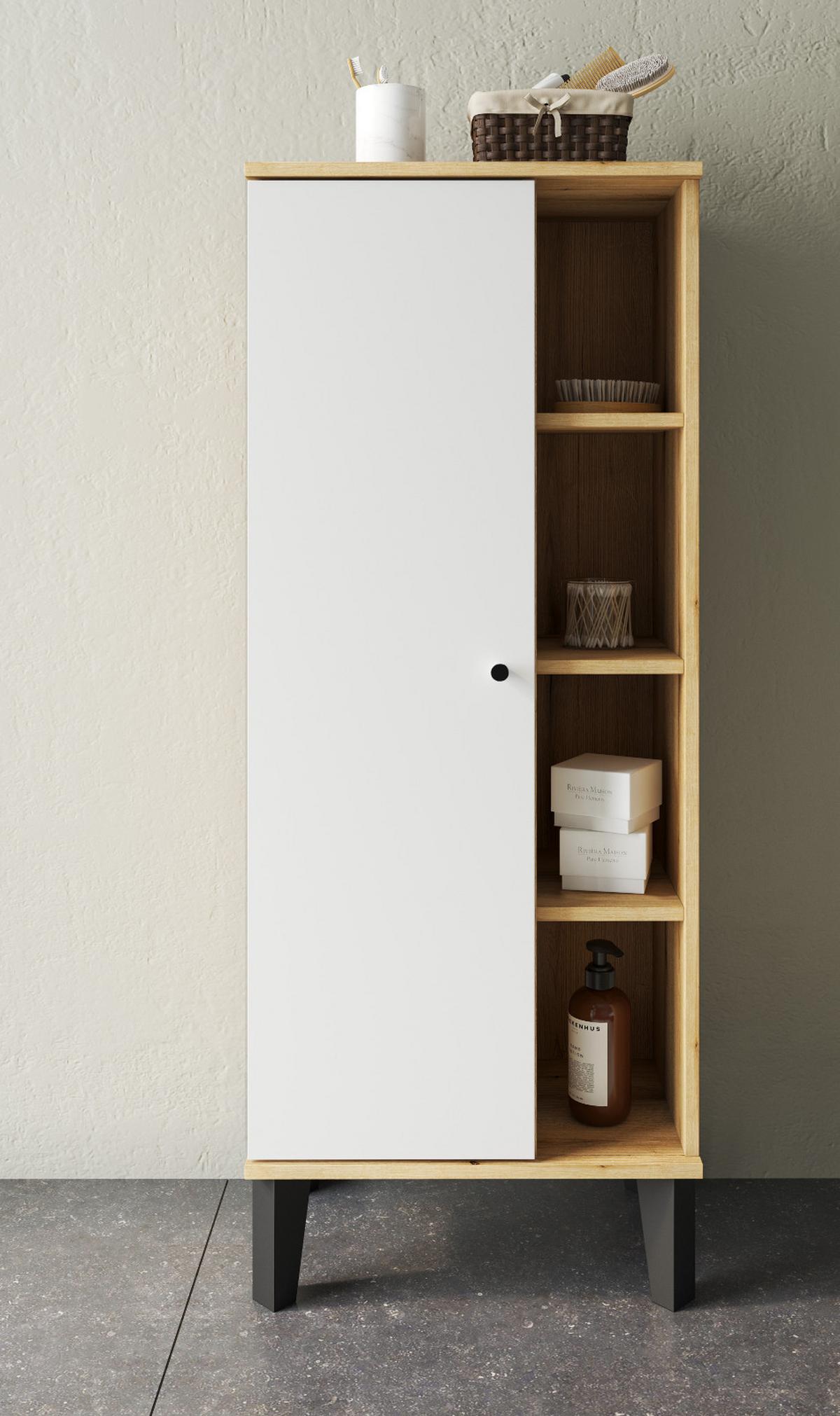 BAD-MIDISCHRANK weiß, Evoke Eiche, Badmöbel Kommode, 51 x 128 cm - Eichefarben/Schwarz, Holzwerkstoff/Kunststoff (51/128/33cm) - Furn.Design