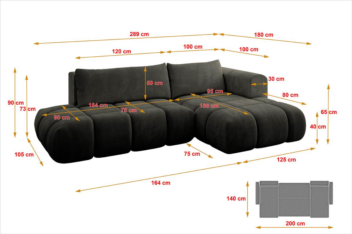 ECKSOFA Ottomane Rechts CLOUD-L 280x185x90 Schwarz Velours - Schwarz, Holzwerkstoff/Kunststoff (185/280cm) - ALTDECOR