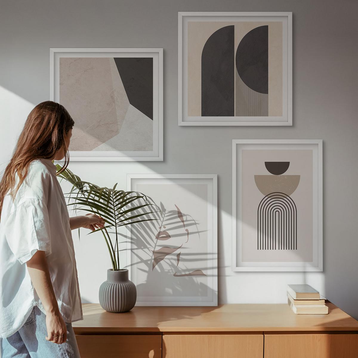 BILDER SET 4er Set - 50x50 cm & 40x60 cm Weißer Rahmen - Abstrakte weiß-braune Muster - Weiß, Kunststoff (50/50cm) - TULUP