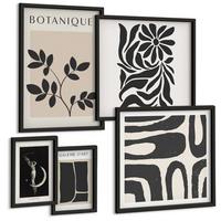 BILDER SET 5er Set - 50x50 cm & 20x30 cm & 40x60 cm Schwarzer Rahmen - Abstrakte Pflanzenmuster - Schwarz, Kunststoff (40/60cm) - TULUP