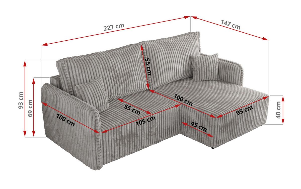ECKSCHLAFSOFA MESTO L Hellgrau Cord - rechts - Hellgrau/Schwarz, Kunststoff/Textil (147/227cm) - MKS