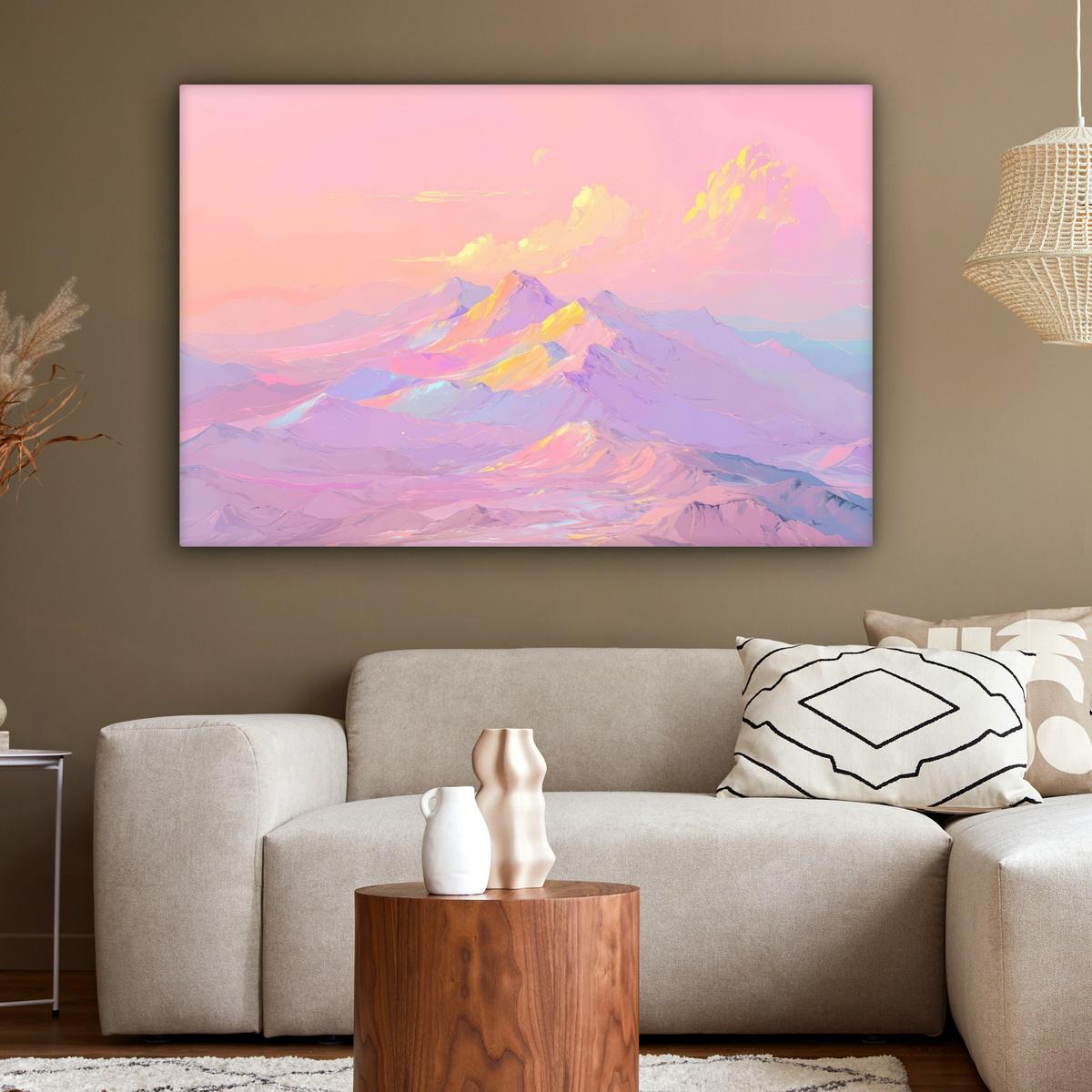 LEINWANDBILD Berggipfel - Wolken - Verträumt Wohnzimmer Groß 120x80 cm - Hellrosa, Textil (120/80cm) - MuchoWow