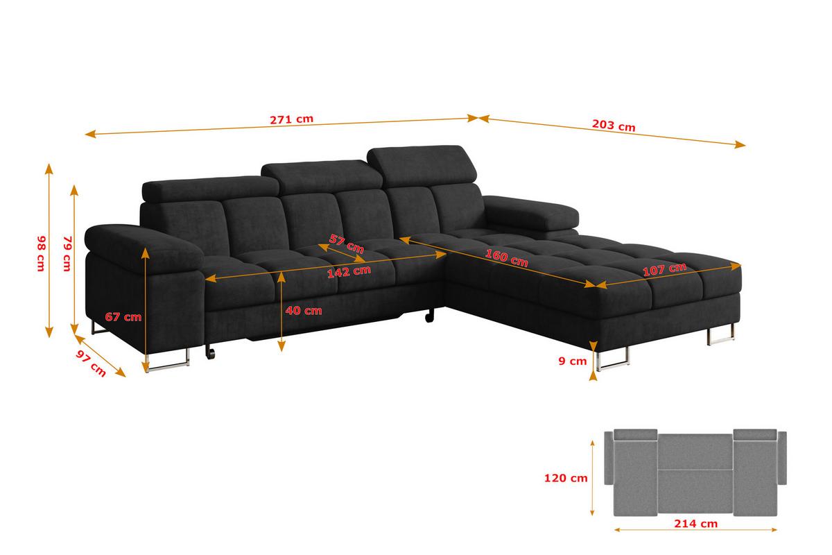 ECKSOFA mit Schlaffunktion Ottomane Rechts COMA L 271x203x79 Schwarz Velours - Schwarz, Holzwerkstoff/Textil (203/271cm) - ALTDECOR