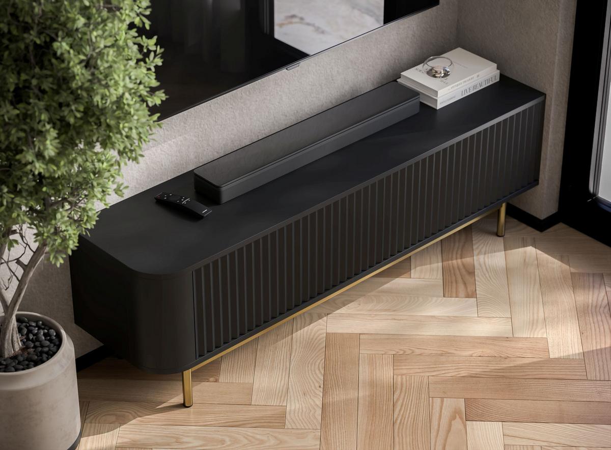 TV-LOWBOARD Aurora 140 cm in Schwarz matt mit goldfarbenem Metallrahmen - Goldfarben/Schwarz, Holzwerkstoff/Metall (140/44/35cm) - Meble Lindner