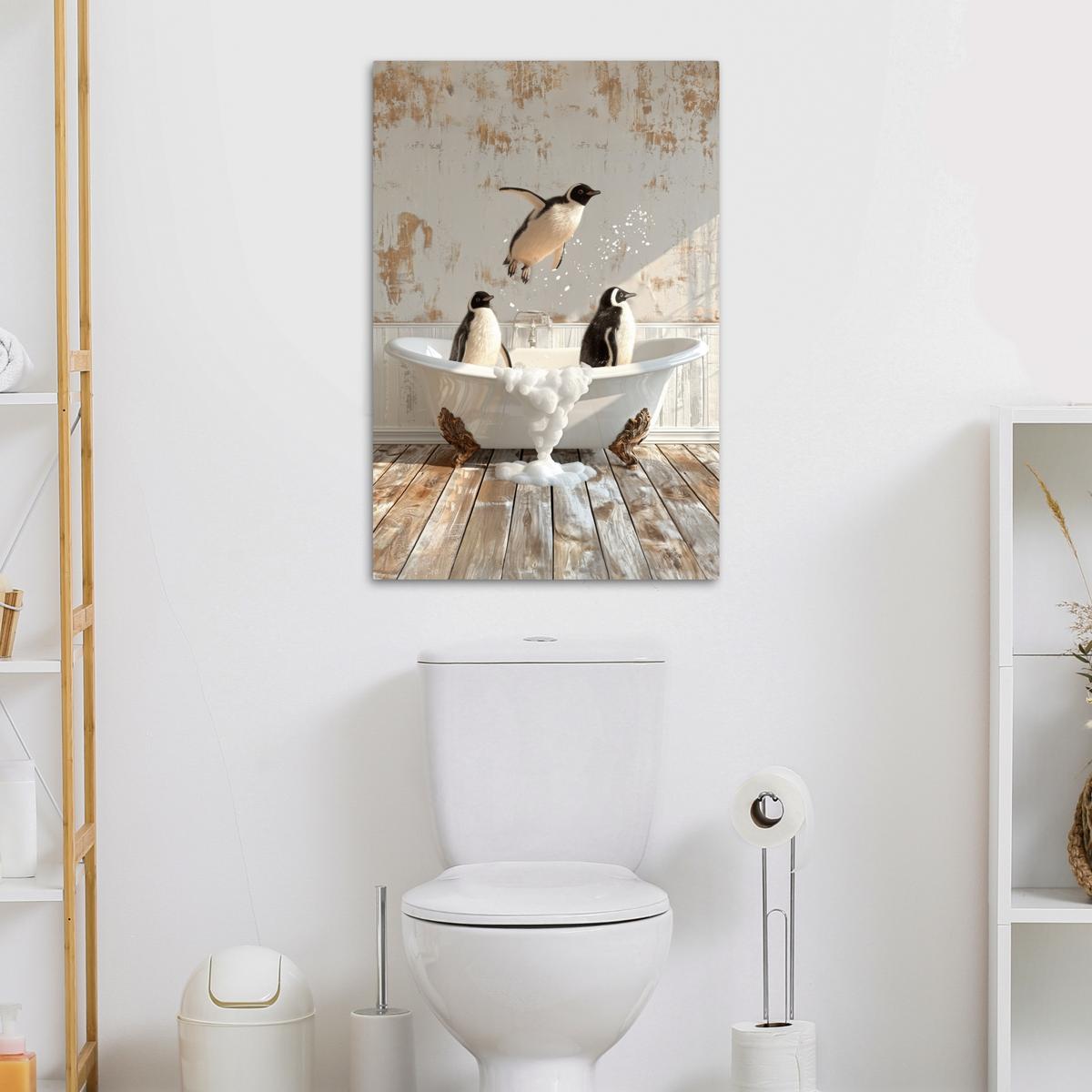 LEINWANDBILD Vintage - Pinguin - Badewanne - Schaumstoff Wanddeko Schlafzimmer 60x90 cm - Schwarz, Textil (60/90cm) - MuchoWow