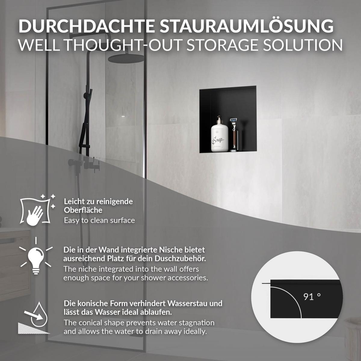DUSCHNISCHE Schwarz 30/30 cm randlos - Schwarz, Metall (30/30/10cm) - LuxeBath