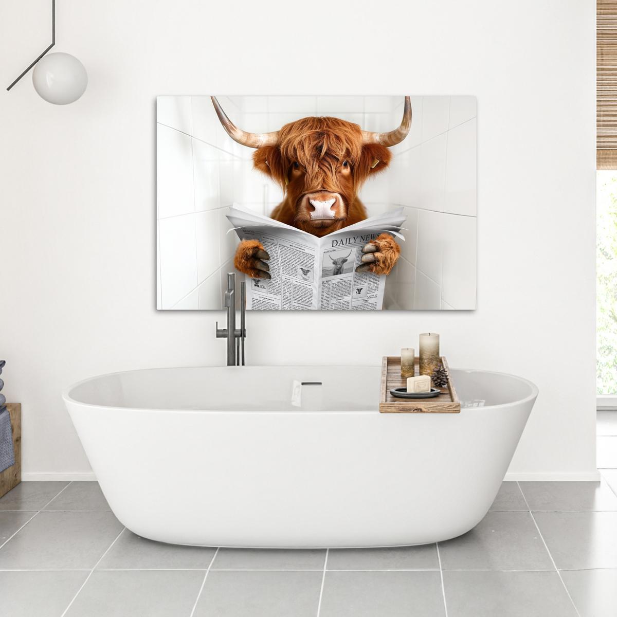 LEINWANDBILD Schottischer Highlander - Tier - Zeitung - Toilette Wohnzimmer Groß 120x80 cm - Kastanienfarben, Textil (120/80cm) - MuchoWow