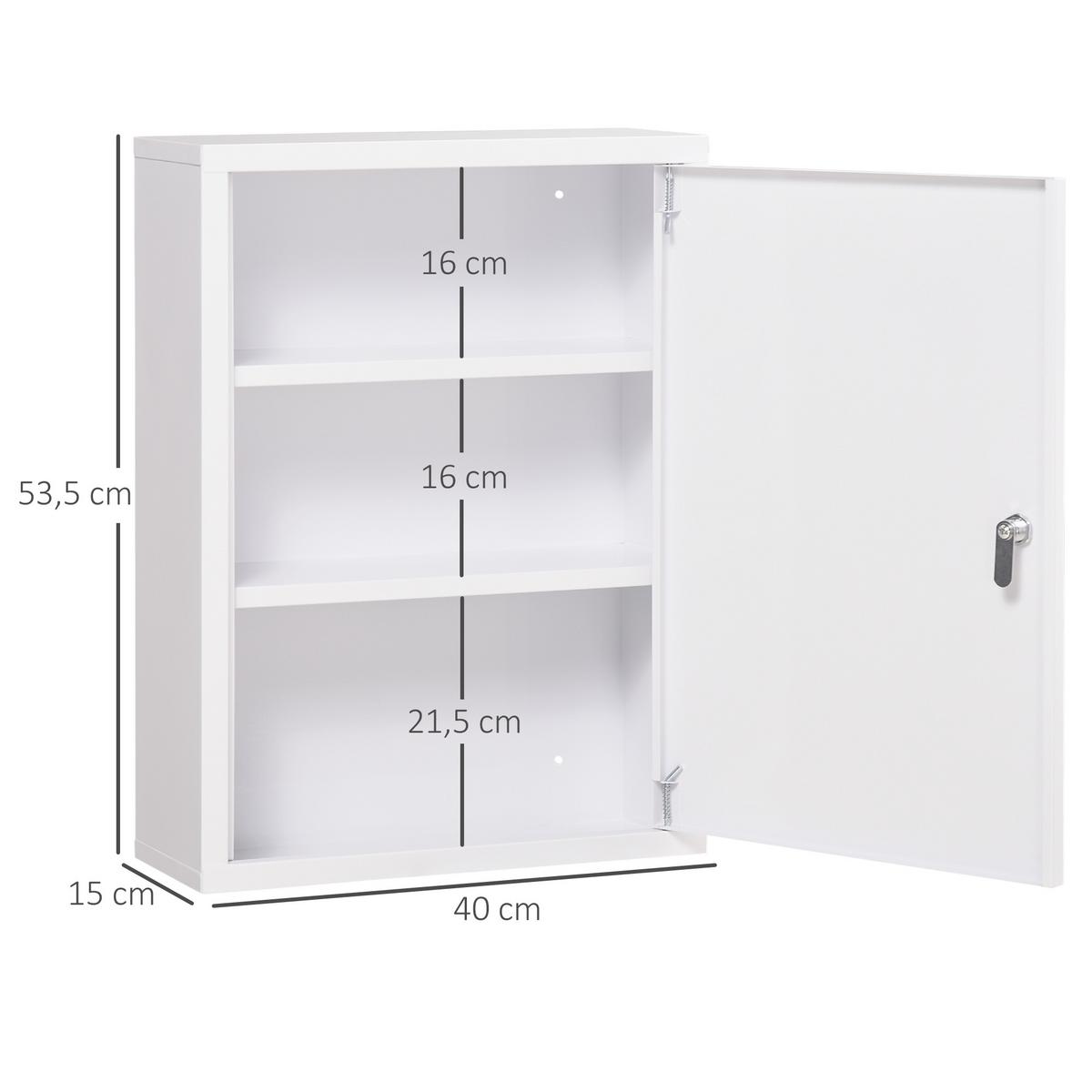 MEDIZINSCHRANK, Apothekerschrank mit 3 Fächern, 2 Schlüsseln Abschließbar, Stahl - Weiß, Metall (40/53.5/15cm) - Kleankin