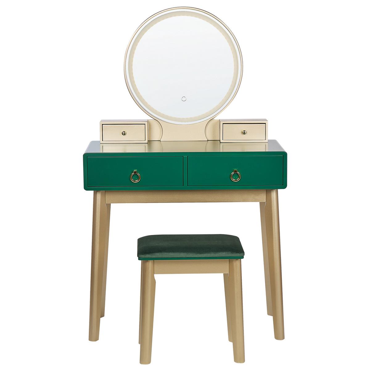 SCHMINKTISCH mit rundem LED-Spiegel Hocker 4 Schubladen grün/gold Fedry - Goldfarben/Grün, Holzwerkstoff (80/134/40cm) - Beliani