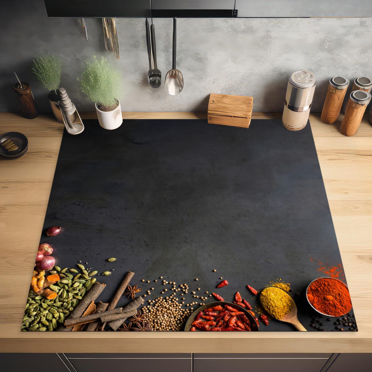 HERDABDECKPLATTE Kräuter - Lebensmittel - Gewürze - Schwarz - Paprika - Zimt Induktionsmatte 78x78 cm - Currygelb, Kunststoff (78/78/0.2cm) - MuchoWow