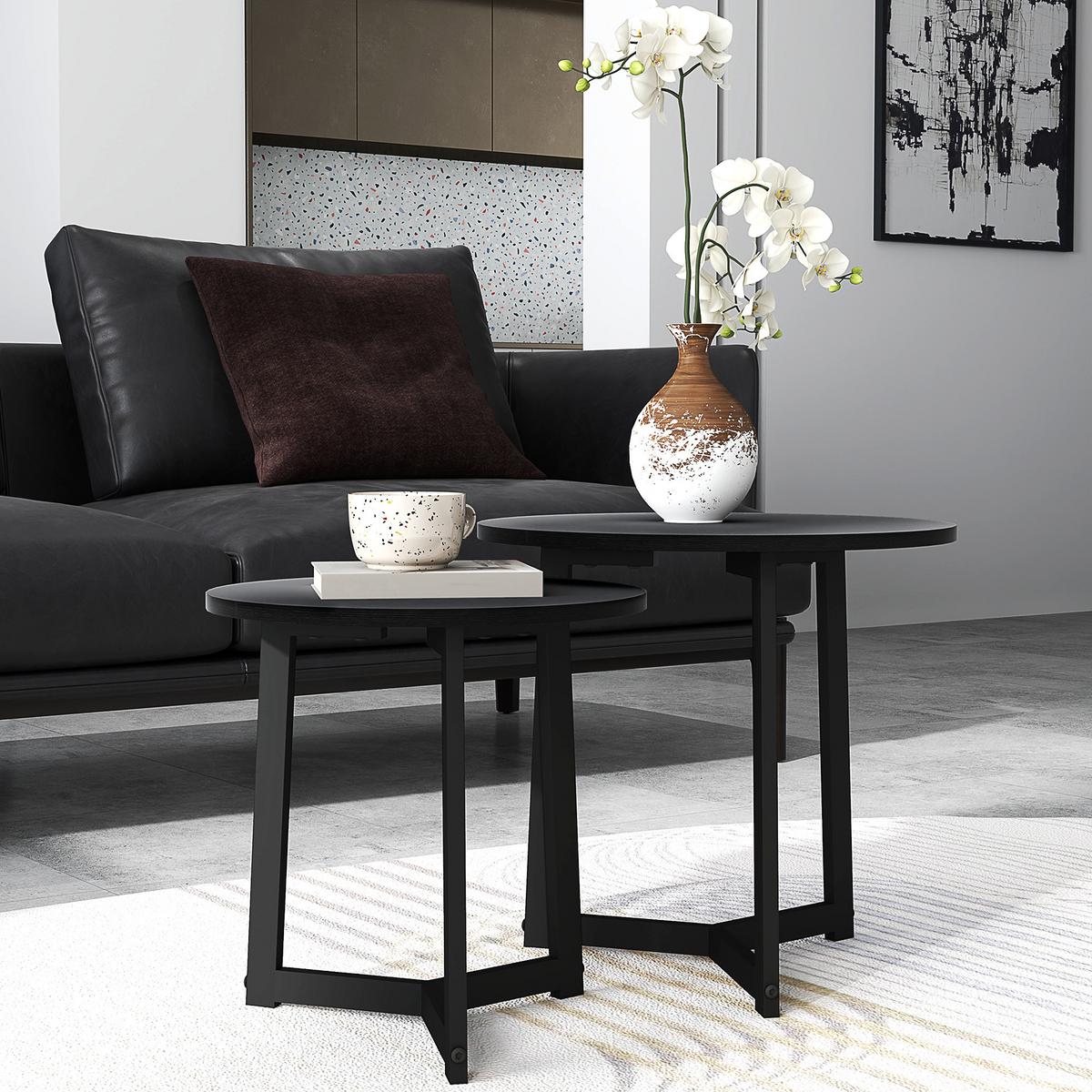 2ER-SET Couchtisch, Runder Beistelltisch, Kaffeetisch mit Stahlgestell Sofatisch - Schwarz, Metall (48/48/45cm) - HOMCOM