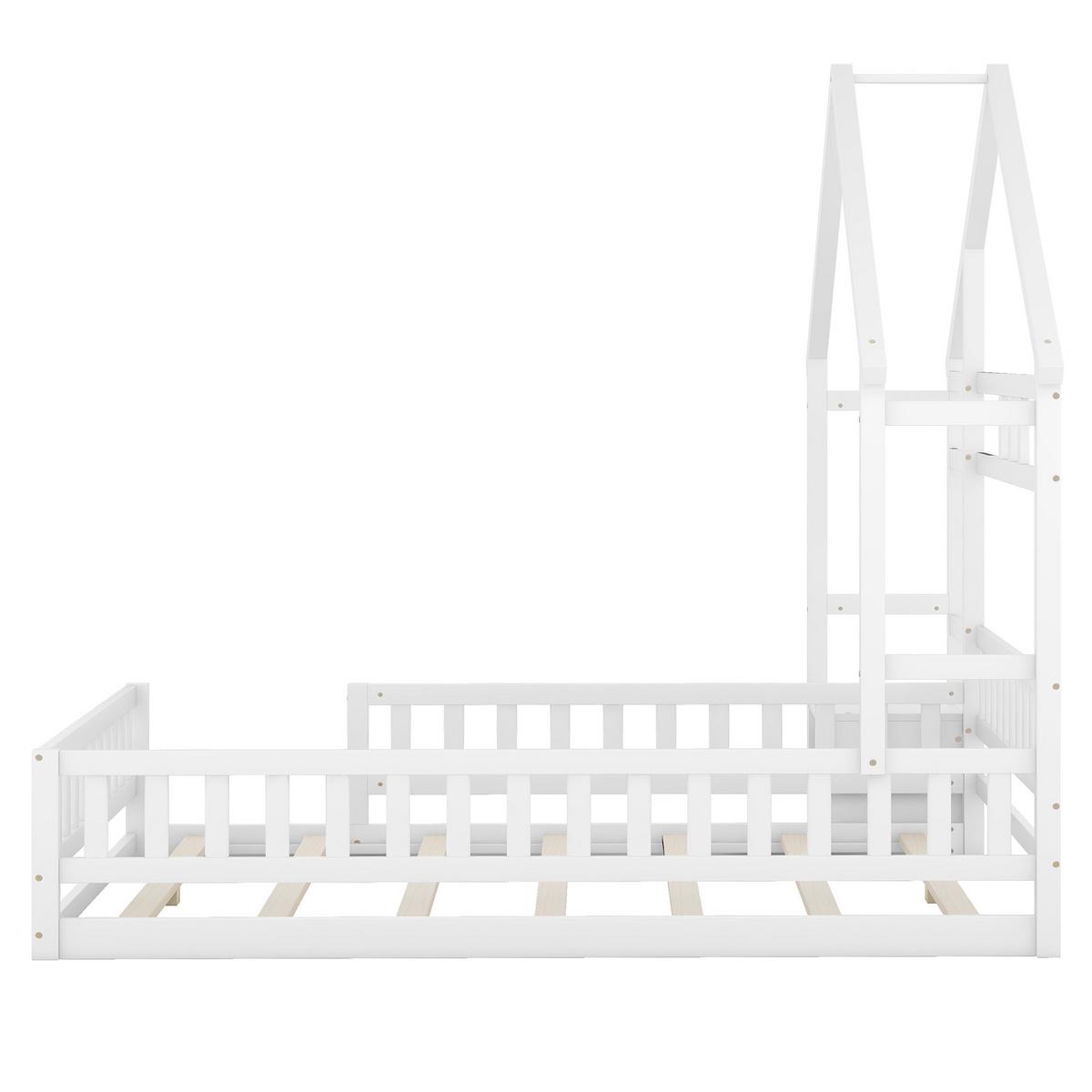 KINDERBETT 140x200 cm Hausbett Weiß – Massivholz Bett mit Geländer & Nachttisch - Weiß, Holz - Urban Meuble