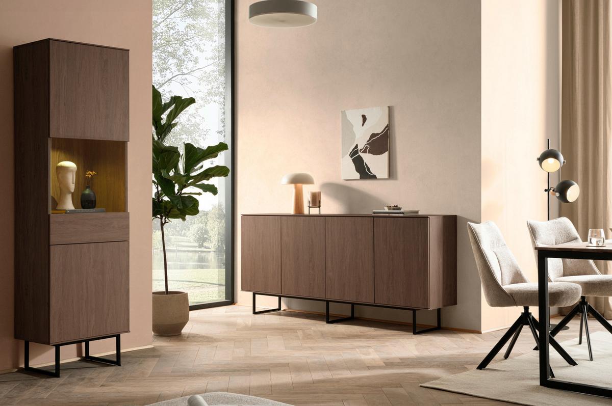 VITRINE in Nussbaum 58 x 200 cm, Vitrinenschrank mit Push-to-Open - Nussbaumfarben/Schwarz, Glas/Holzwerkstoff (58/200/40cm) - Furn.Design