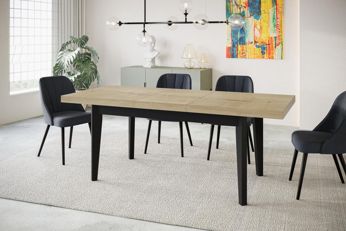 RECHTECKIGER Esszimmertisch SKANDI, ausziehbarer Tisch, Größe: 120-160X80X78 cm, Wohnzimmertisch Farbe: HALIFAX, mit Holzbeinen in Farbe Schwarz - Schwarz/Naturfarben, Holzwerkstoff (120/80/78cm) - Alpi-Möbel