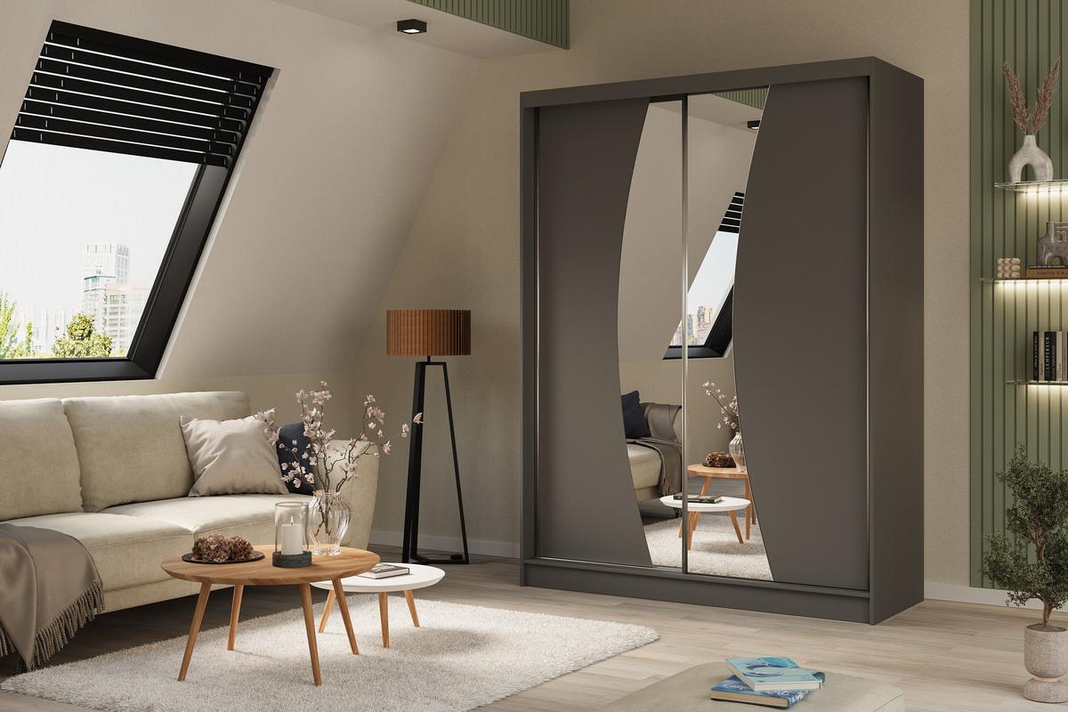 KLEIDERSCHRANK mit Spiegel-Schiebetüren und Aluminium-Leisten, LED-Beleuchtung (- VOXI - 160 cm Grau - Grau, Holzwerkstoff (160/216/61cm) - ALTDECOR