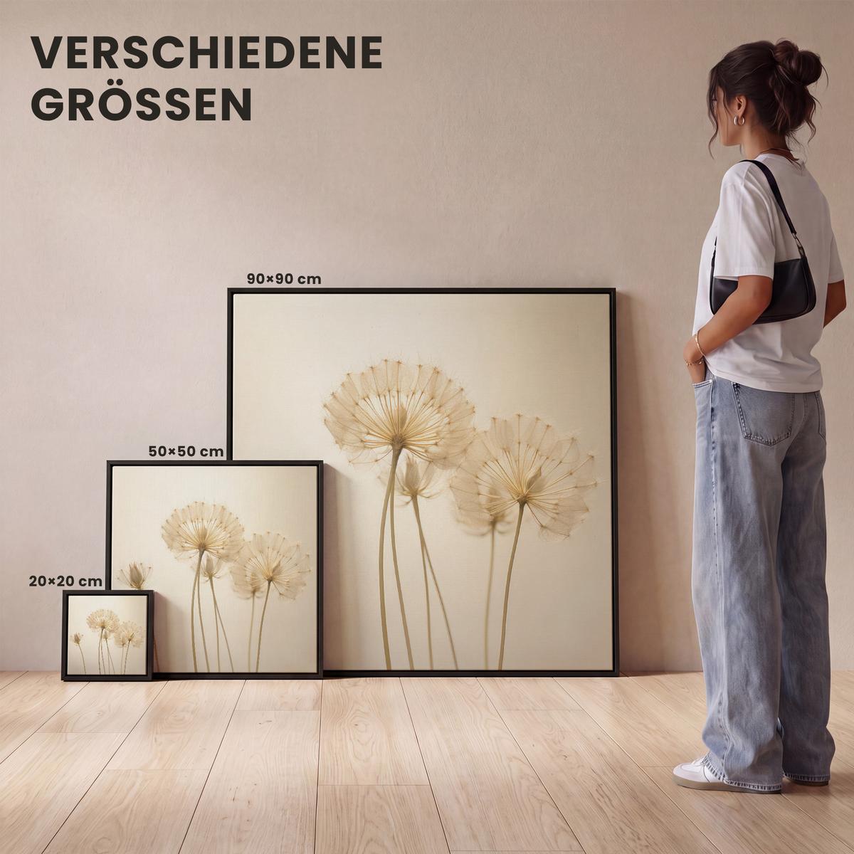 LEINWAND Bilder mit Rahmen - Sonnenlicht - Löwenzahn - Botanisch - Blumen - 50x50 - Creme, Textil (50/50cm) - MuchoWow