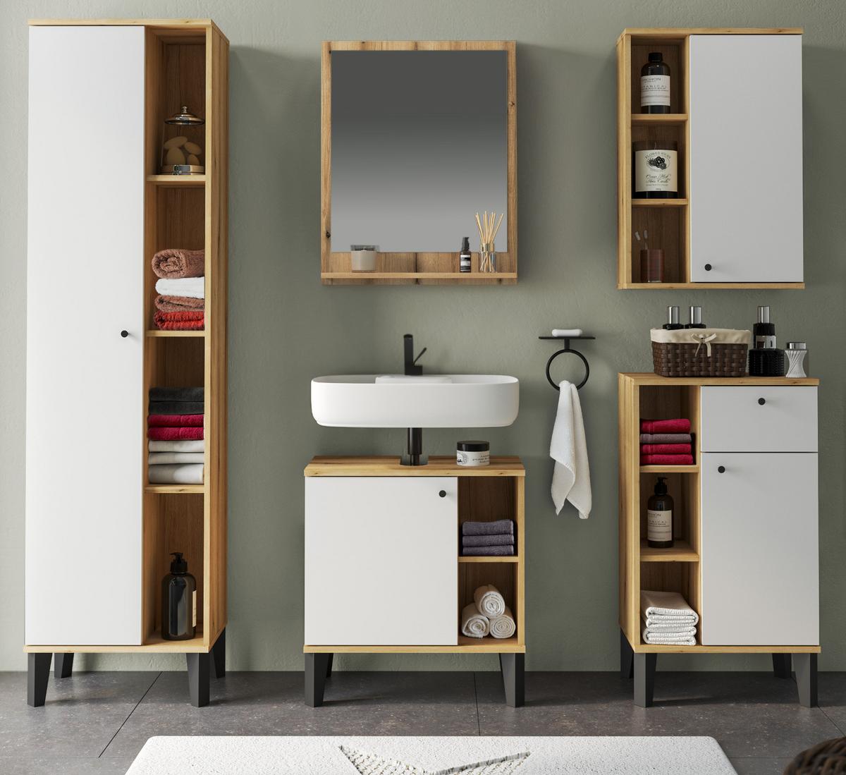 BADMÖBEL-SET 5-teilig weiß, Evoke Eiche, Badkombination, 182 x 190 cm - Eichefarben/Schwarz, Glas/Holzwerkstoff (182/190/33cm) - Furn.Design