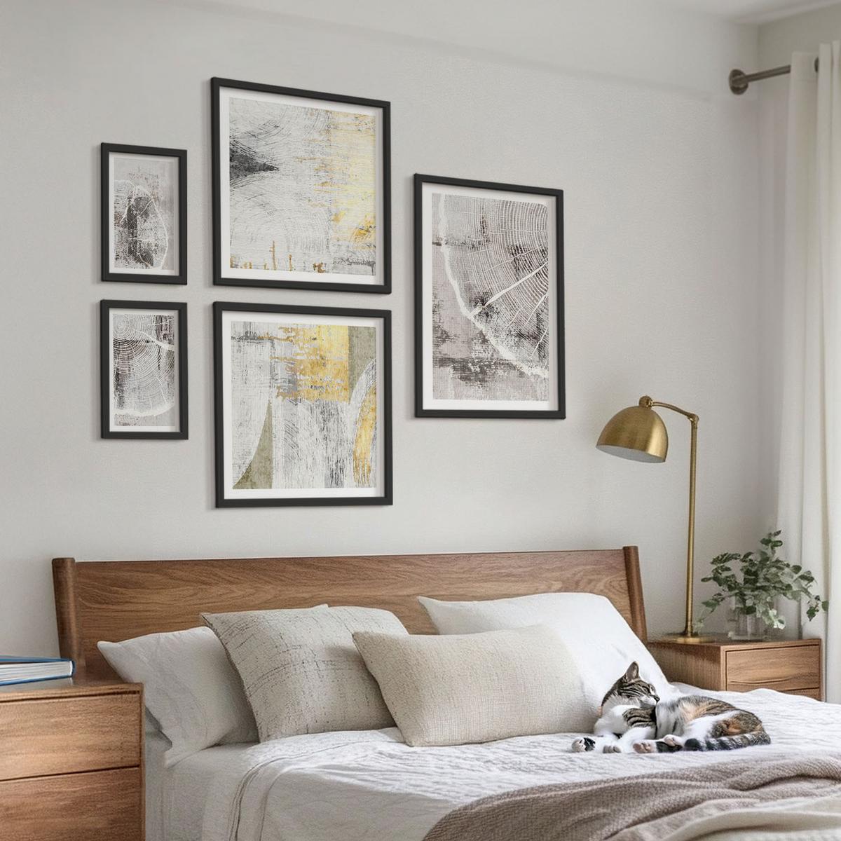 BILDER SET 5er Set - 50x50 cm & 20x30 cm & 40x60 cm Schwarzer Rahmen - Beige abstrakte Formen Linien - Schwarz, Kunststoff (40/60cm) - TULUP