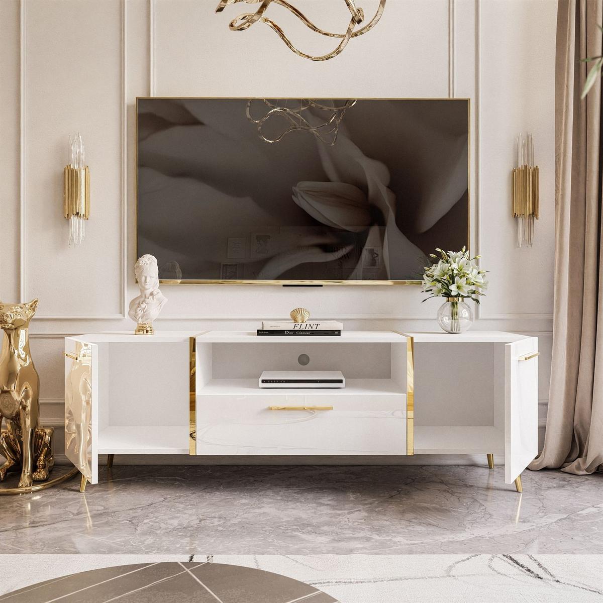 TV-ELEMENT ONYX AUF GOLDENEN BEINEN HOCHGLANZ 158 CM - Weiß, Holzwerkstoff (158/53/41.3cm) - Lookway