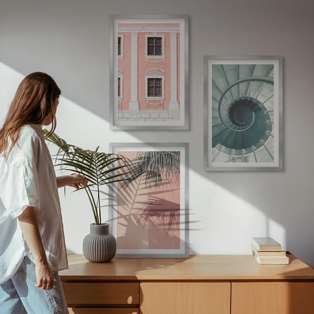 BILDER SET 3er Set - 40x60 cm Silberner Rahmen - Pastellfarbene Spiralarchitektur - Silberfarben, Kunststoff (40/60cm) - TULUP