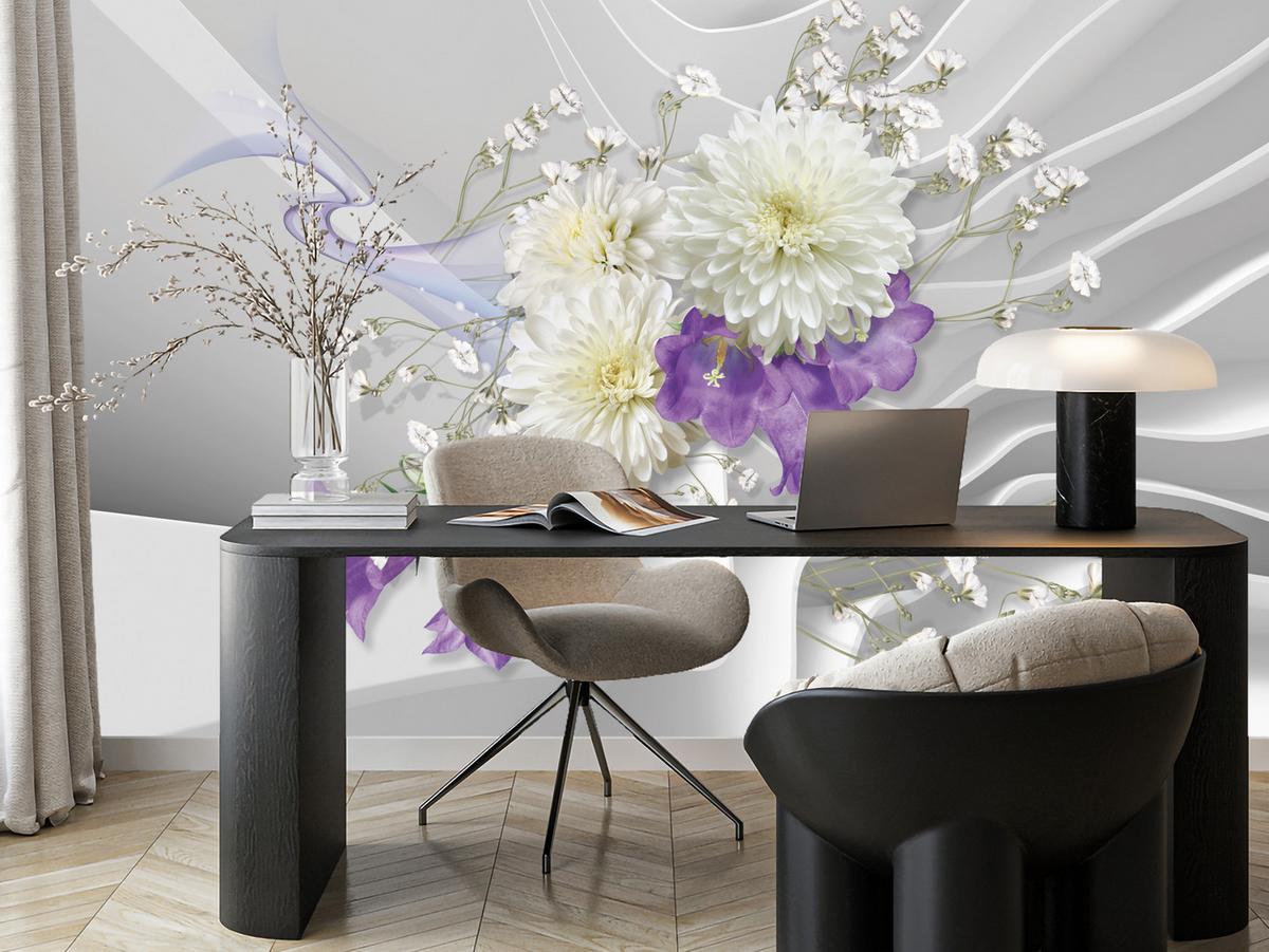 FOTOTAPETE für Wohnzimmer BLUMEN Abstraktes Welliges Raumhintergrund 350x256 - Violett/Weiß, Papier (350/256cm) - Muralo
