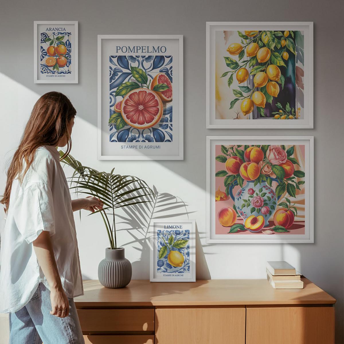 BILDER SET 5er Set - 50x50 cm & 20x30 cm & 40x60 cm Weißer Rahmen - Illustrationen von Zitrusfrüchten - Weiß, Kunststoff (40/60cm) - TULUP
