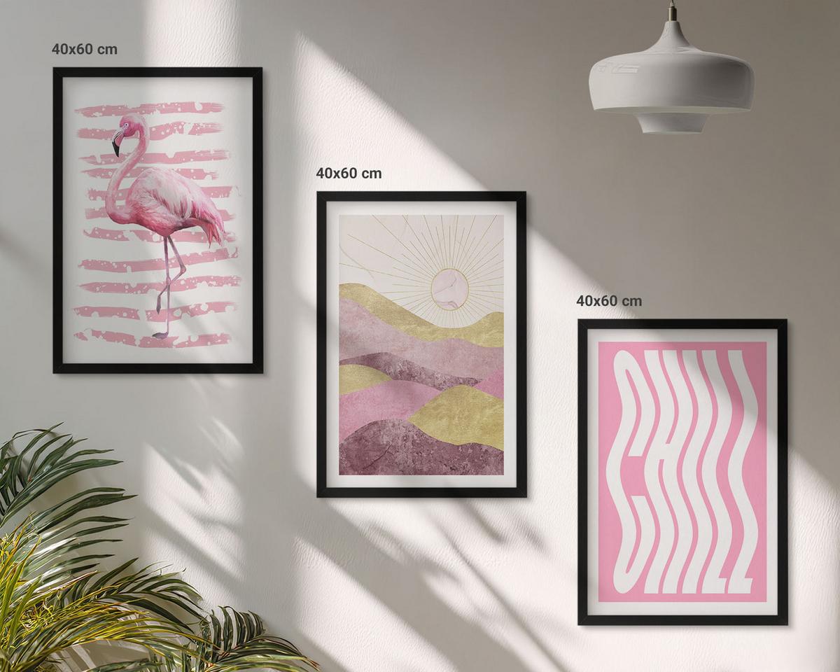 BILDER SET 3er Set - 40x60 cm Schwarzer Rahmen - Pastelllandschaft mit rosa Flamingos - Schwarz, Kunststoff (40/60cm) - TULUP