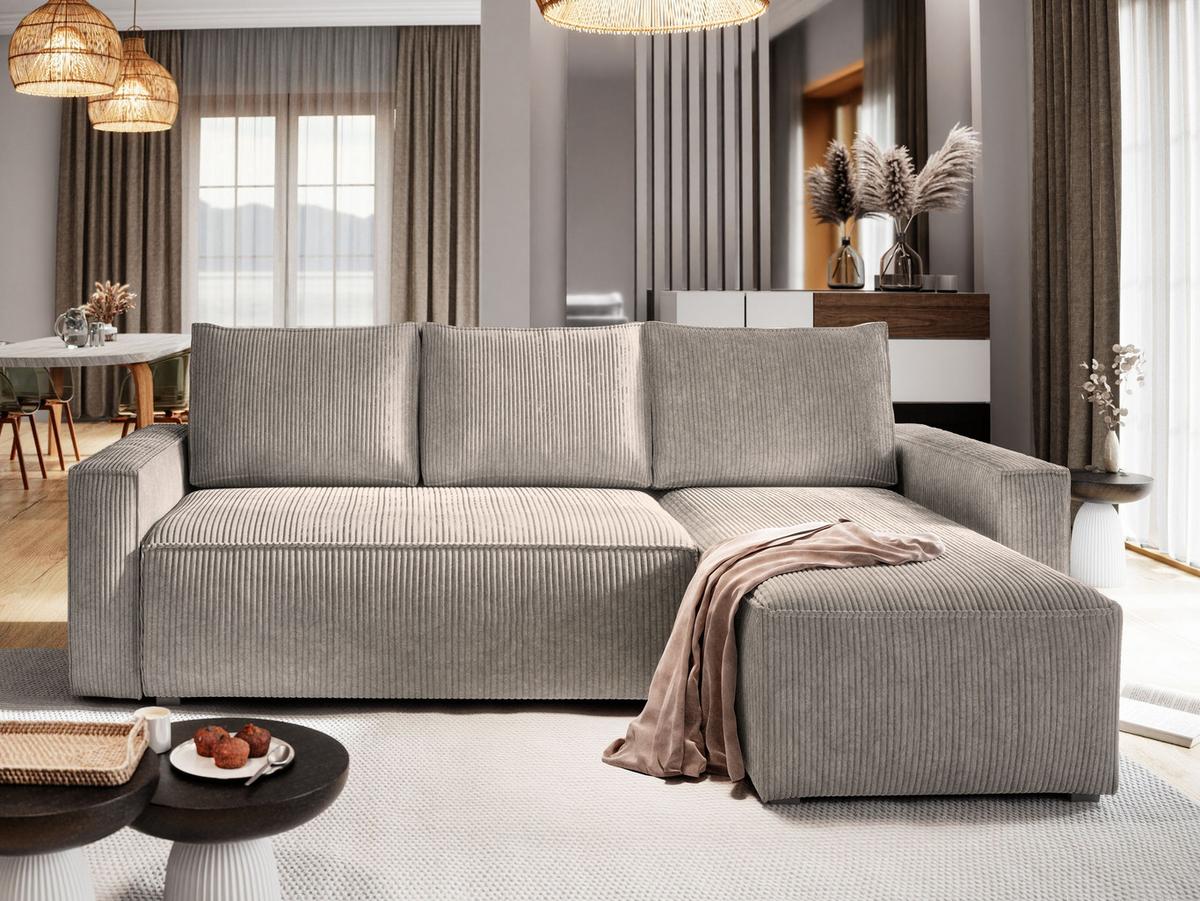 ECKSOFA POTARO Beige Kordstoff mit Schlaffunktion - Beige/Grau, Holz/Kunststoff (232/140cm) - MASSENO
