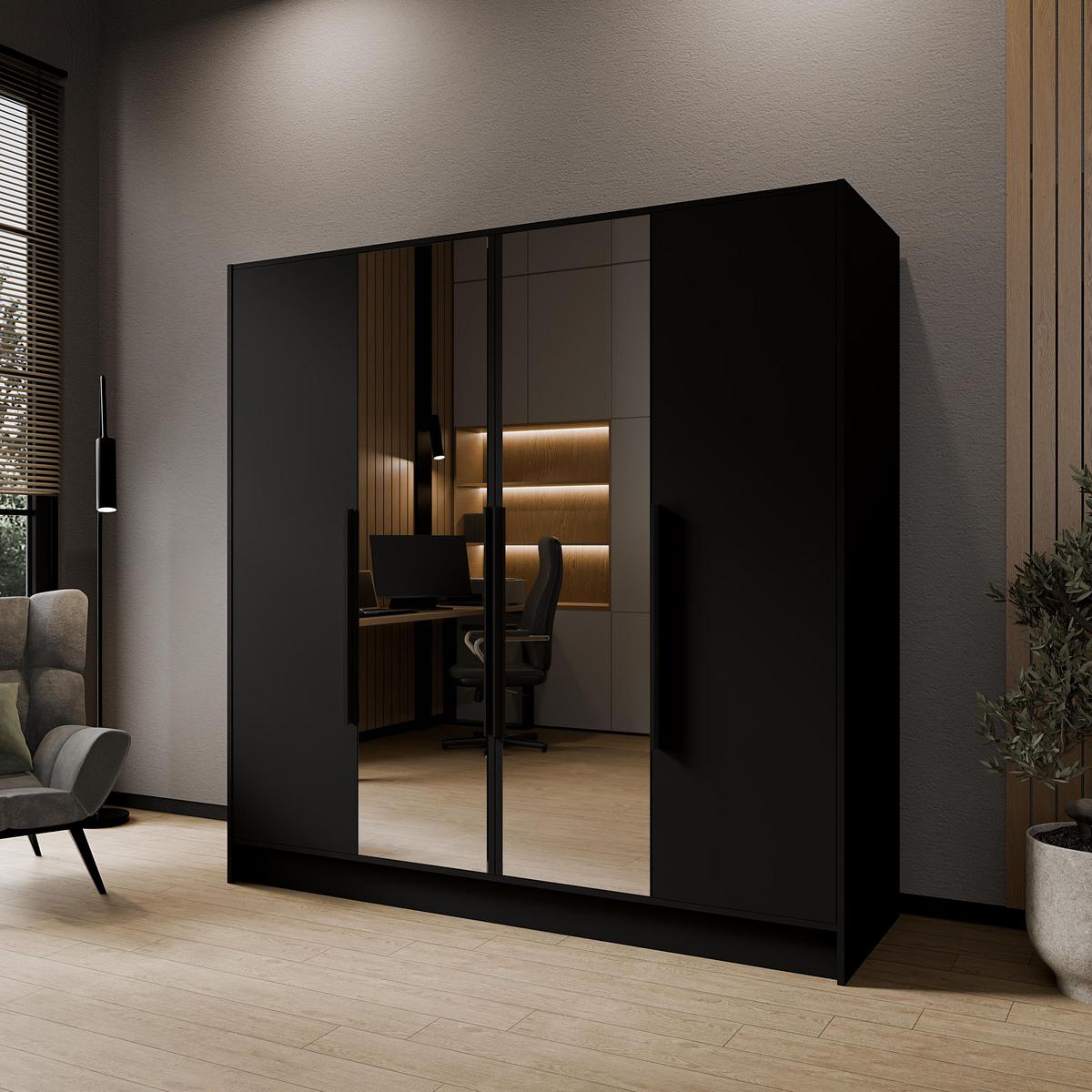 DREHTÜRENSCHRANK Laro mit Spiegel, Schwarz mit mit schwarzen Griffen, 200 cm - Schwarz, Holzwerkstoff (200/200/51cm) - Beautysofa