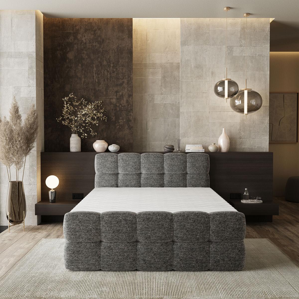 BOXBETT BRUME 180x200 cm mit Matratze und Topper, H2+H3 - Grau - Grau, Holz (180/200cm) - MASSENO