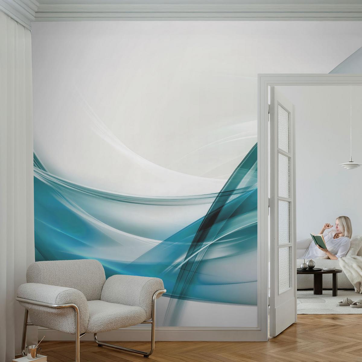 FOTOTAPETE 312x219 cm - Blaue Wellen - Weiß, Textil (312/219cm) - Wallfluent