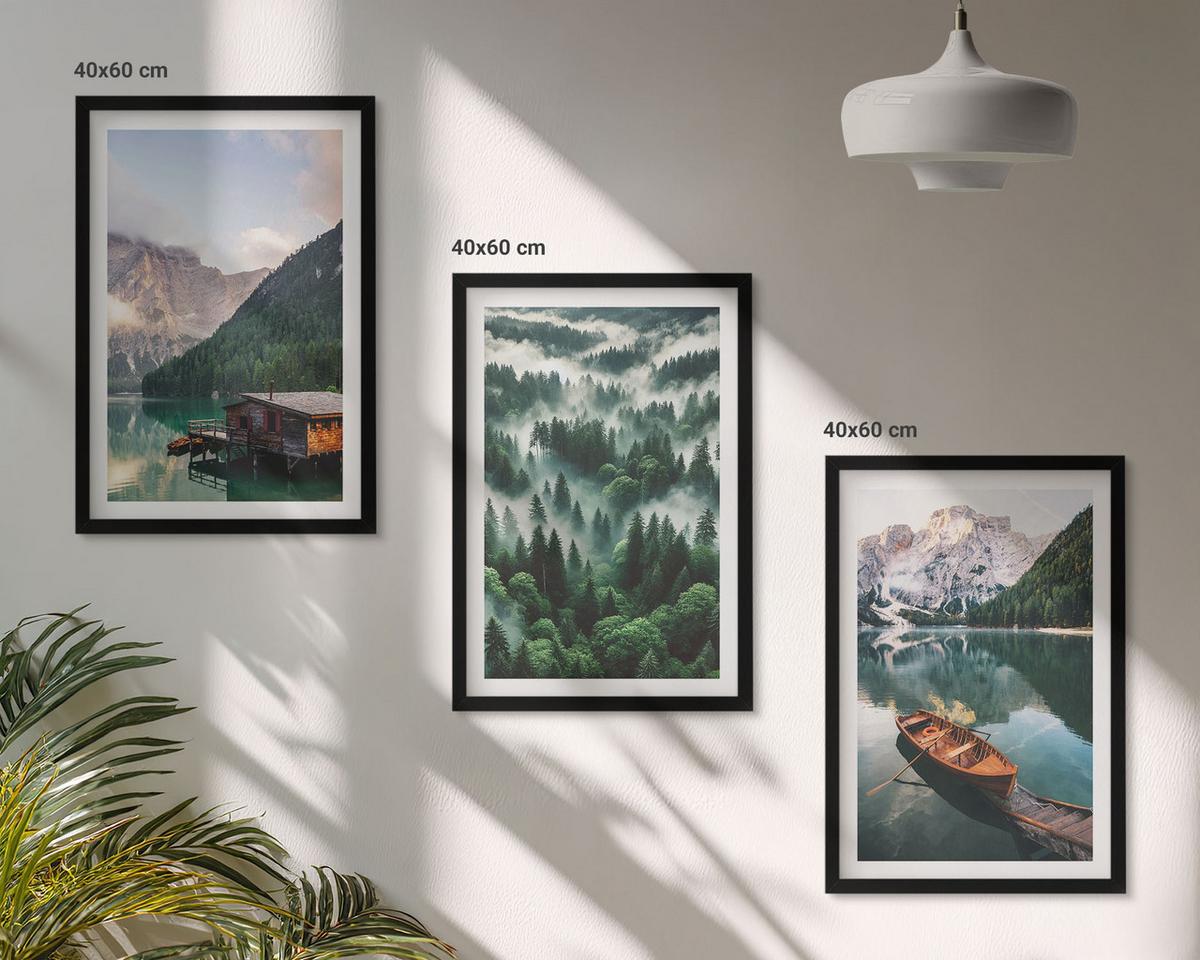 BILDER SET 3er Set - 40x60 cm Schwarzer Rahmen - Bergsee, Boot, Waldnebel - Schwarz, Kunststoff (40/60cm) - TULUP