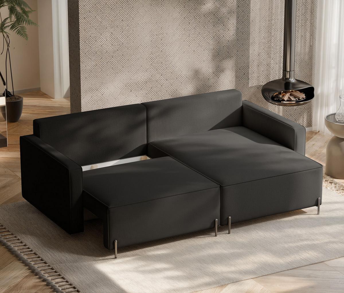 ECKSOFA LEO Rechts, mit Schlaffunktion und Bettkasten, Anthrazit - Anthrazit, Textil/Metall (229/148cm) - Idohome