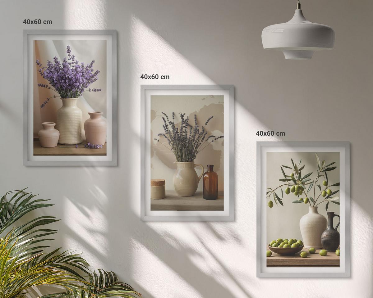 BILDER SET 3er Set - 40x60 cm Silberner Rahmen - Lavendelblüten, Oliven, Gefäße - Silberfarben, Kunststoff (40/60cm) - TULUP