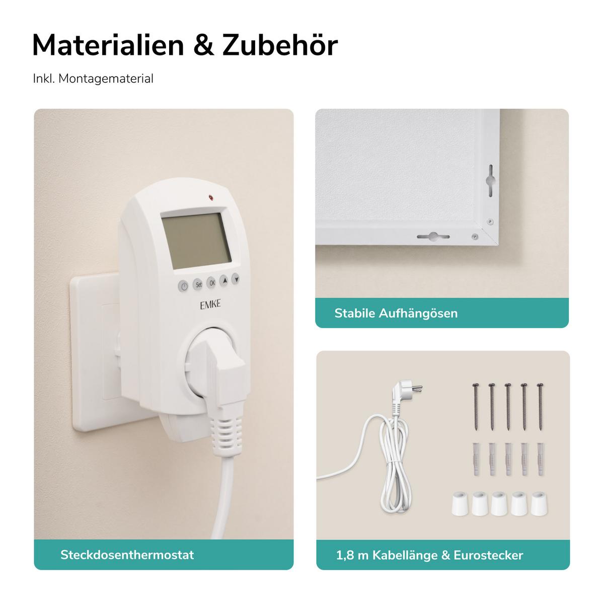 WANDKONVEKTOR Elektrisch 300 W mit Thermostat und App Steuerung 50,5/59,5 cm - Weiß, Kunststoff/Metall (50.5/59.5/2cm) - EMKE