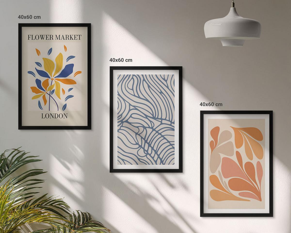 BILDER SET 3er Set - 40x60 cm Schwarzer Rahmen - Moderne abstrakte Blumen - Schwarz, Kunststoff (40/60cm) - TULUP