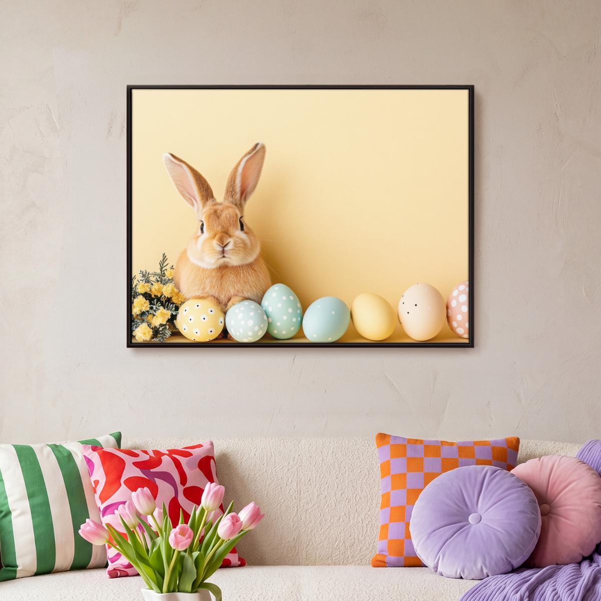 LEINWAND Bilder mit Rahmen - Eier - Kaninchen - Pastellfarbtöne - 70x50 - Hellgelb, Textil (70/50cm) - MuchoWow