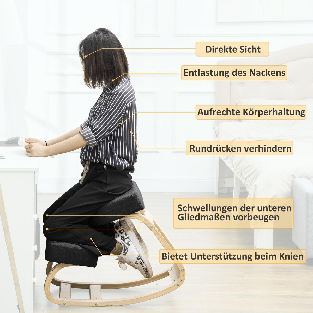 KNIESTUHL, ergonomischer Sitzhocker, Polsterhocker, 120 kg belastbar, Schwarz - Schwarz, Holz/Textil (51/58/69cm) - Vinsetto