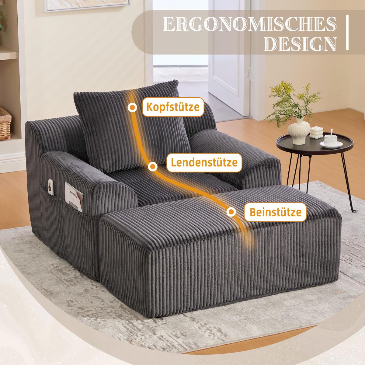 SESSEL mit Hocker in Cord Übergroßer Relaxsessel - Dunkelgrau, Textil (110/67/147cm) - Urban Meuble