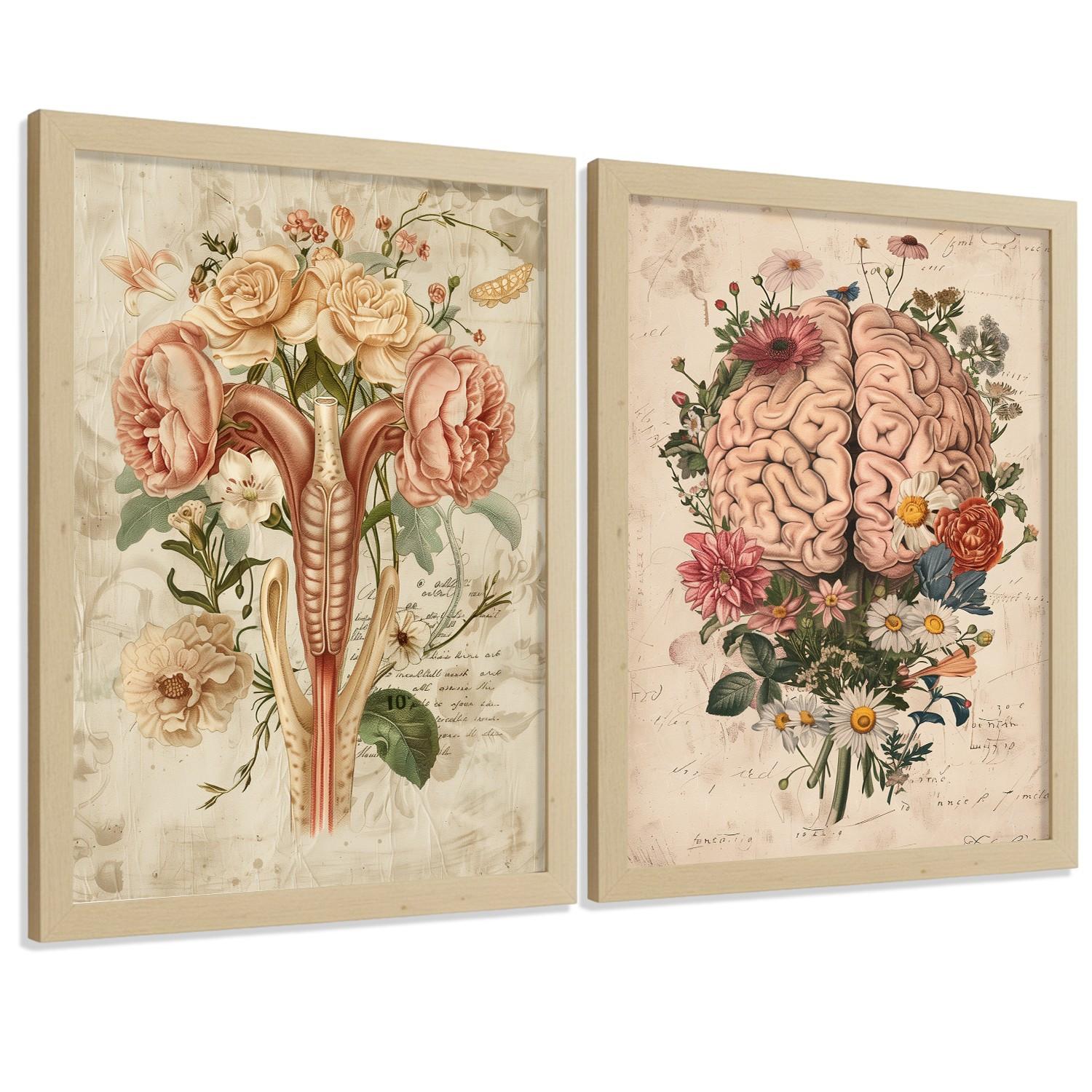 POSTER Set aus 2 Weibliche Anatomie Drucke und Wandbilder mit Gehirn und Gebärmutter Botanischer Retro Floraler Stil Größe Leichter Holzrahmen A3 - Beige, Papier (29.7/42/3cm) - Nacnic