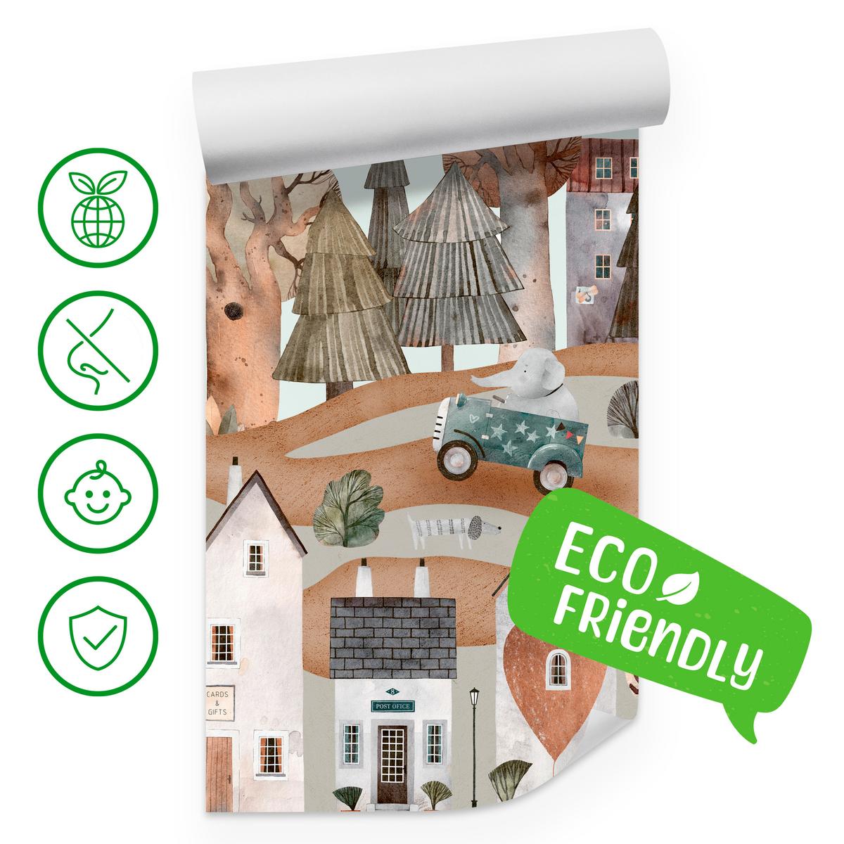 FOTOTAPETE für Kinderzimmer Fantastische Stadt Häuser Wald Tiere Autos 300x210 - Beige/Braun, Papier (300/210cm) - Muralo