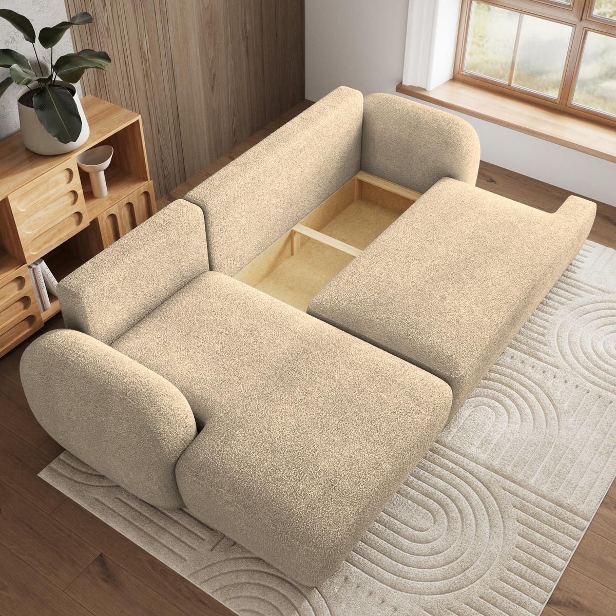 ECKSOFA MODENZA N L-S Creme Boucle-Stoff mit Schlaffunktion - Creme/Schwarz, Holz/Kunststoff (266/148cm) - MASSENO
