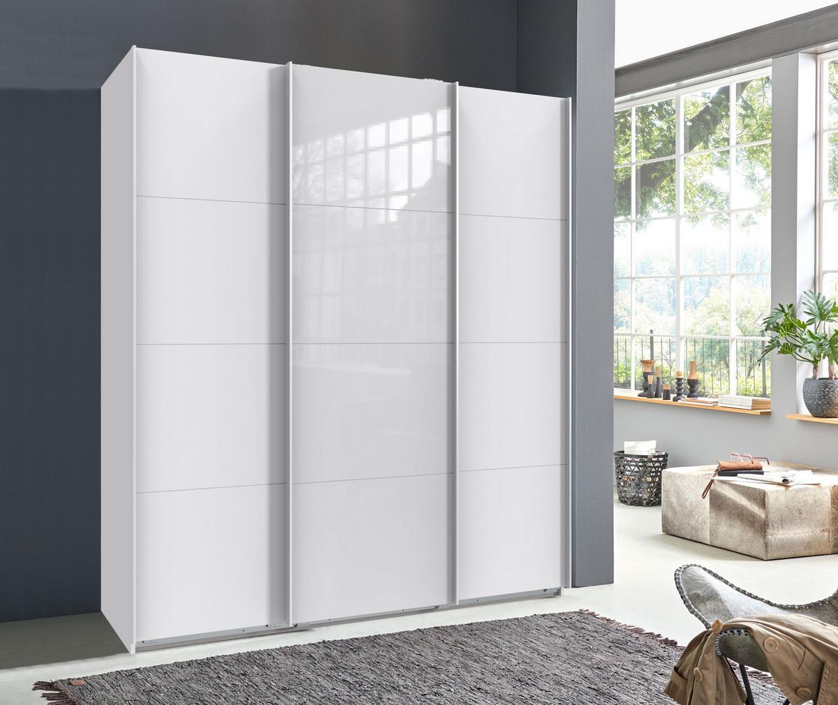 SCHWEBETÜRENSCHRANK 3-türig B180/H208/T64 cm in Weiß, Kleiderschrank mit einer Glasfront-Tür in Weiß / 22514 - Weiß Hochglanz/Weiß, Holzwerkstoff/Metall (180/208/64cm) - luma-home