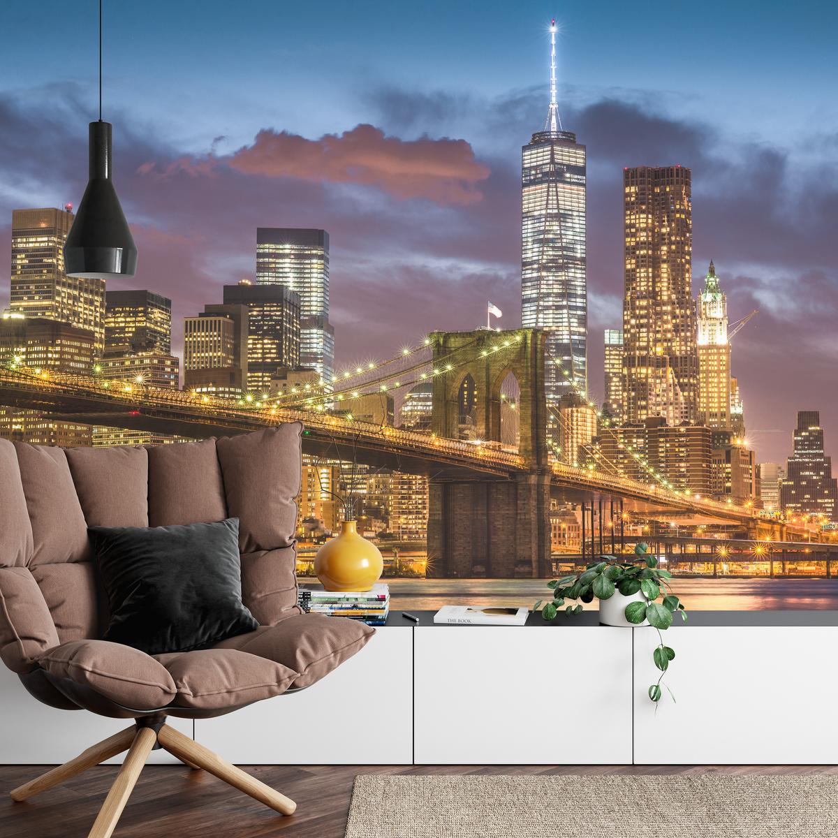 FOTOTAPETE für Wohnzimmer New York Nacht Brooklyn Bridge Wolkenkratzer 200x140 - Blau/Gelb, Papier (200/140cm) - Muralo
