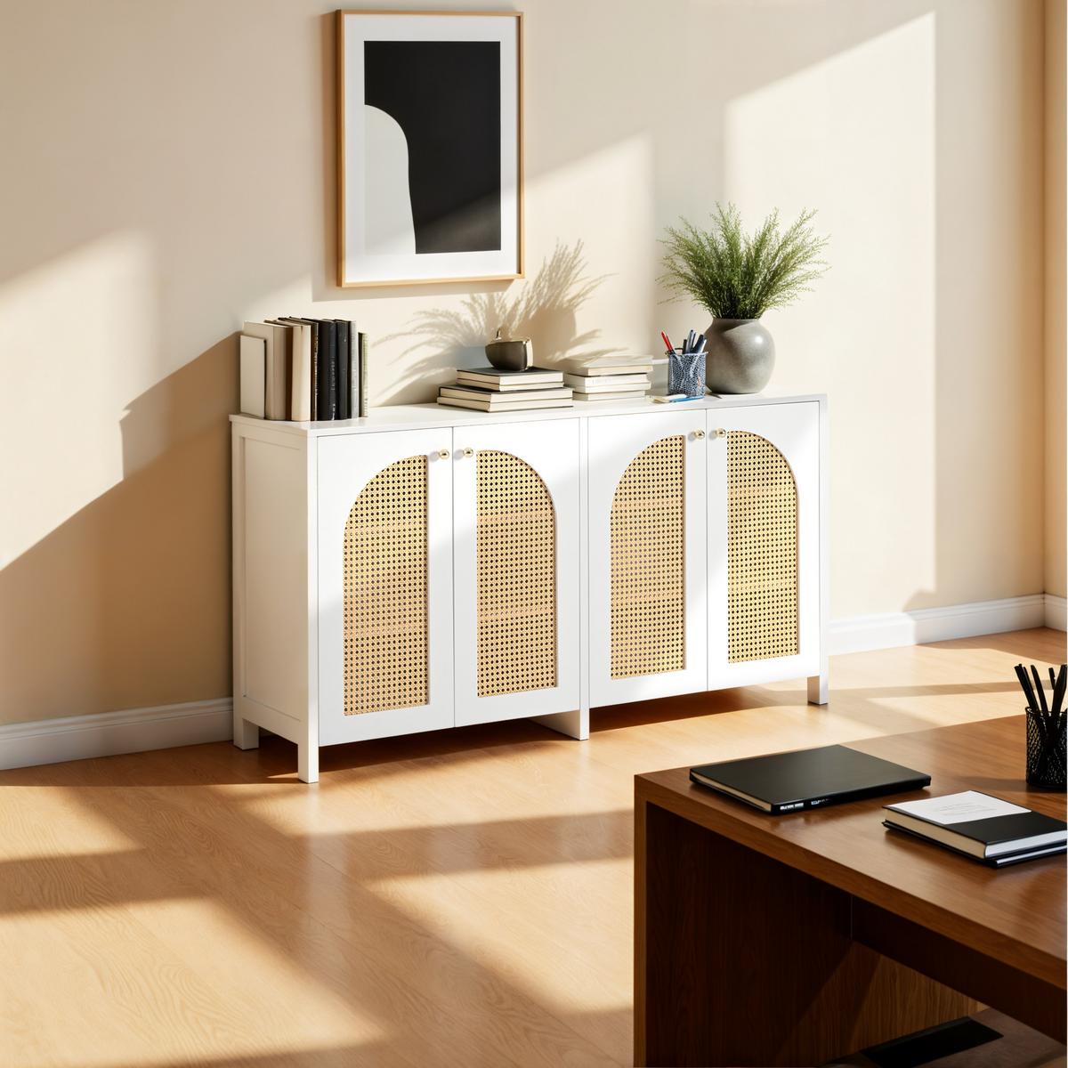 SIDEBOARD mit Kunst-Rattan-Türen Verstellbaren Regalen - Weiß, Holzwerkstoff (145/40/80cm) - Urban Meuble