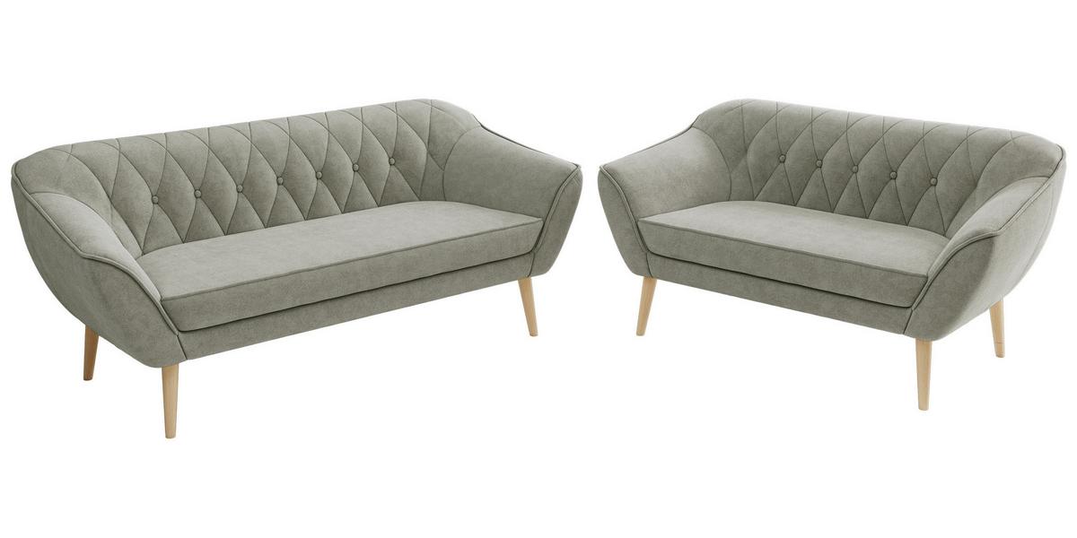 SITZGARNITUR PIRS 3+2 - Hellgrau Strukture - Holzbeine - Silberfarben/Buchefarben, Holzwerkstoff/Textil (180/75/74cm) - MKS