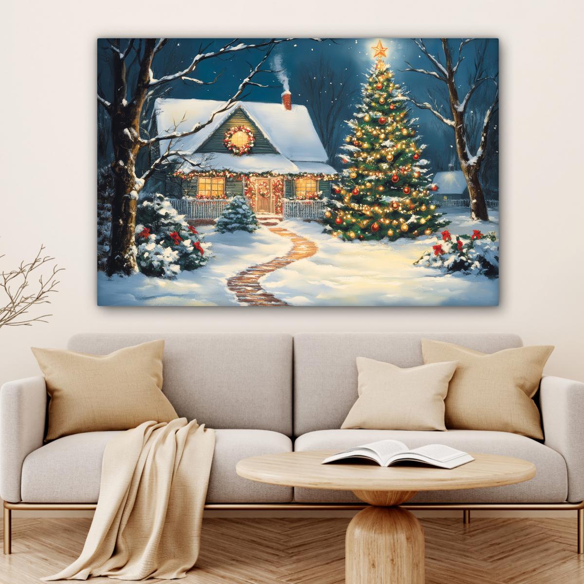 LEINWANDBILD Weihnachten - Weihnachtsbaum - Winter - Zuhause - Schnee Groß 140x90 cm - Smaragdgrün, Textil (140/90cm) - MuchoWow