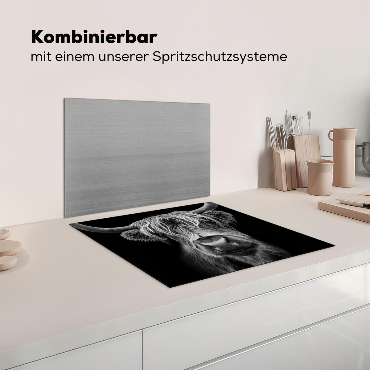HERDABDECKPLATTE Schottischer Highlander - Hörner - Schwarz - Weiß - Kuh - Wild - Tiere Abdeckung Ceranfeld 58.3x51.3 cm - Schwarz, Kunststoff (58.3/51.3/0.2cm) - MuchoWow