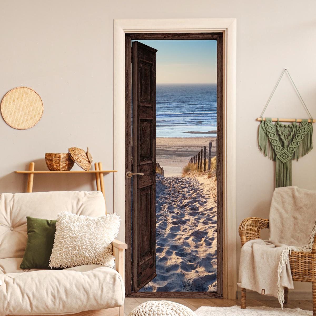 TÜRAUFKLEBER Durchblick - Strand - Meer - Weg - Dünen 90x235 cm - Türtapete - Sandfarben, Kunststoff (90/0.1cm) - MuchoWow