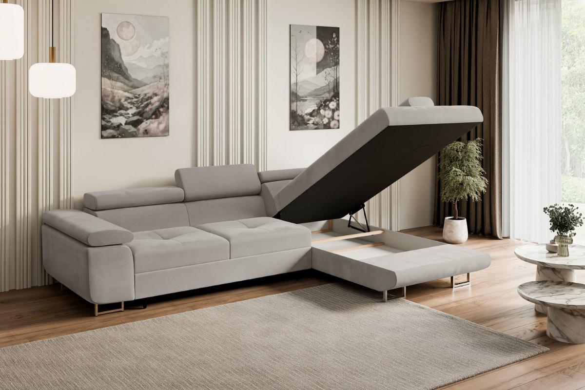 ECKSOFA mit Schlaffunktion und Bettkasten GUSA-L 272x202x107 cm Hellbraun Velours - Hellbraun/Silberfarben, Holzwerkstoff/Textil (272/202cm) - ALTDECOR